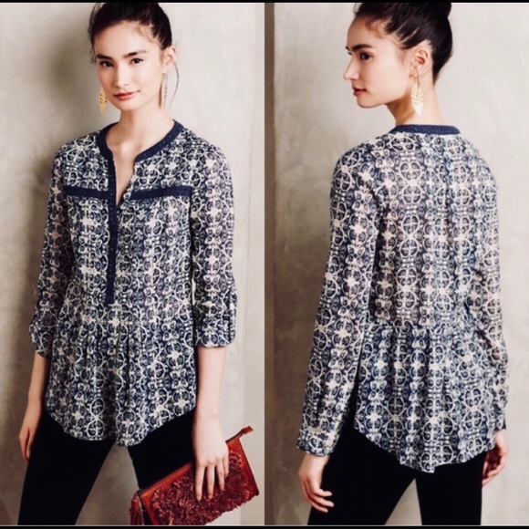 Anthropologie/Maeve Abella Pintuck Patterned Top - Picture 1 of 8